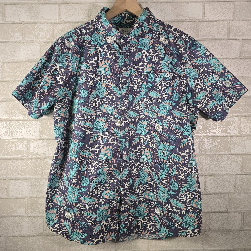 Hurley Shirt Men's Large Classic Fit Pocket Button Blue Purple Short Sleeve